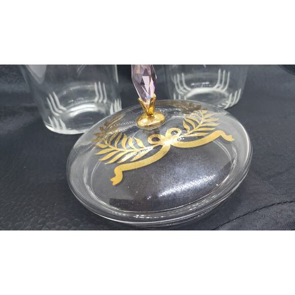 Vintage Crystal Jars Vanity Pair Gold Laurel Leaf Lid Amethyst glass Topper - Picture 7 of 10
